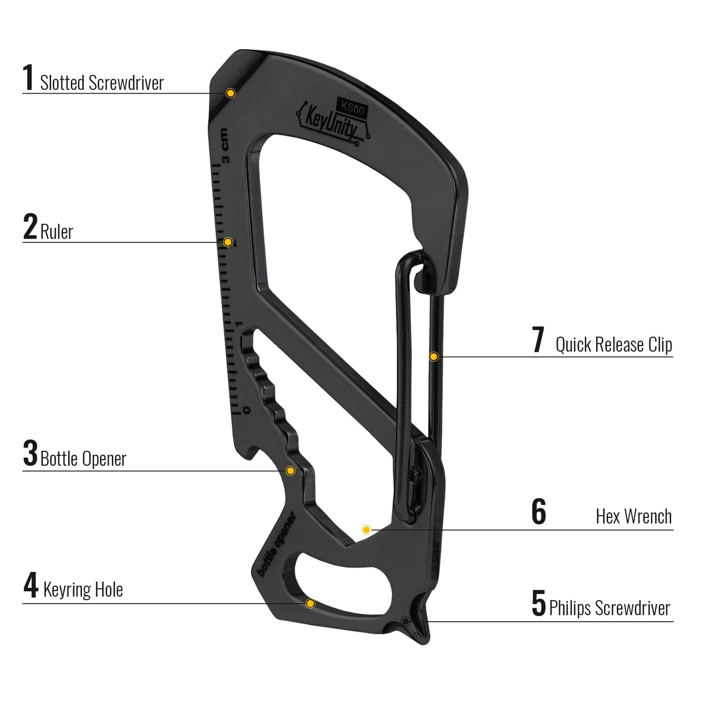 KeyUnity KS00BK Carabiner Clip Multitool Stainless Steel 7 Tools in 1, Quick Release Clasp, Wrench, Cross Screwdriver, Slotted Screwdriver, Bottle Opener, Ruler, Key Holder (PVD Black)