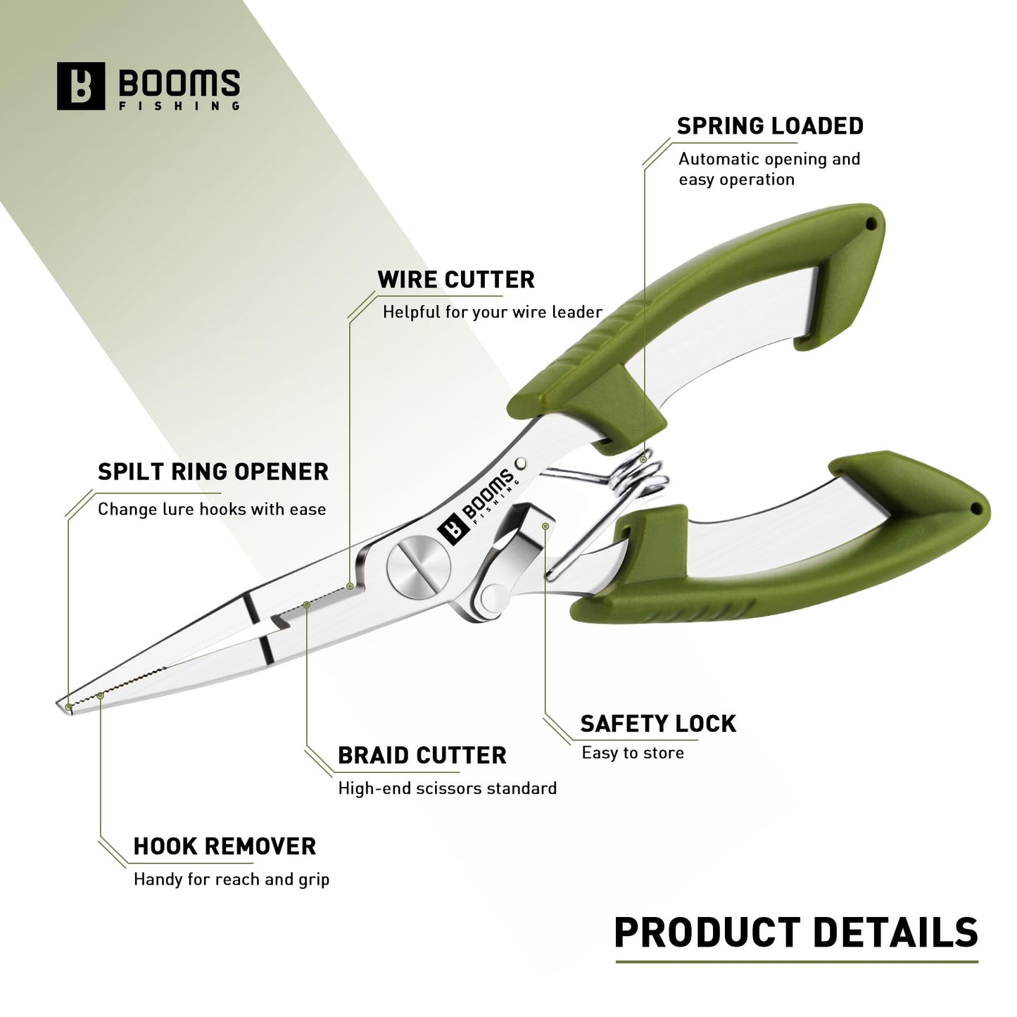 Booms Fishing H01 Small Fishing Pliers Scissors Braid Cutters Lightweight Stainless Steel Fishing Tools Split Ring Pliers Hook Remover, Green