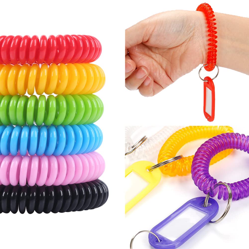 Kbraveo 100 PCS Multicolor Plastic Stretchable Spiral Coil Bracelet Keychains for Office, Sports, and Outdoor Activities