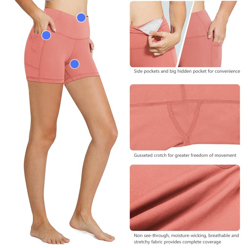 baleaf Biker Shorts Women Yoga Gym Workout Spandex Running Volleyball Tummy Control Compression with Pockets 5" Coral Pink XL