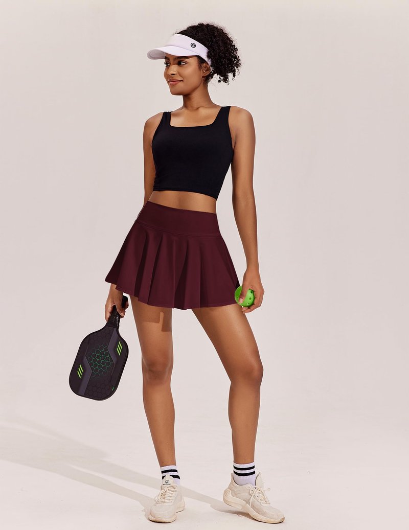 PINSPARK Tennis Skirts for Women High Waisted Athletic Golf Skorts with Pockets Shorts Quick Dry Pickleball Skirt, Red Merlot Small