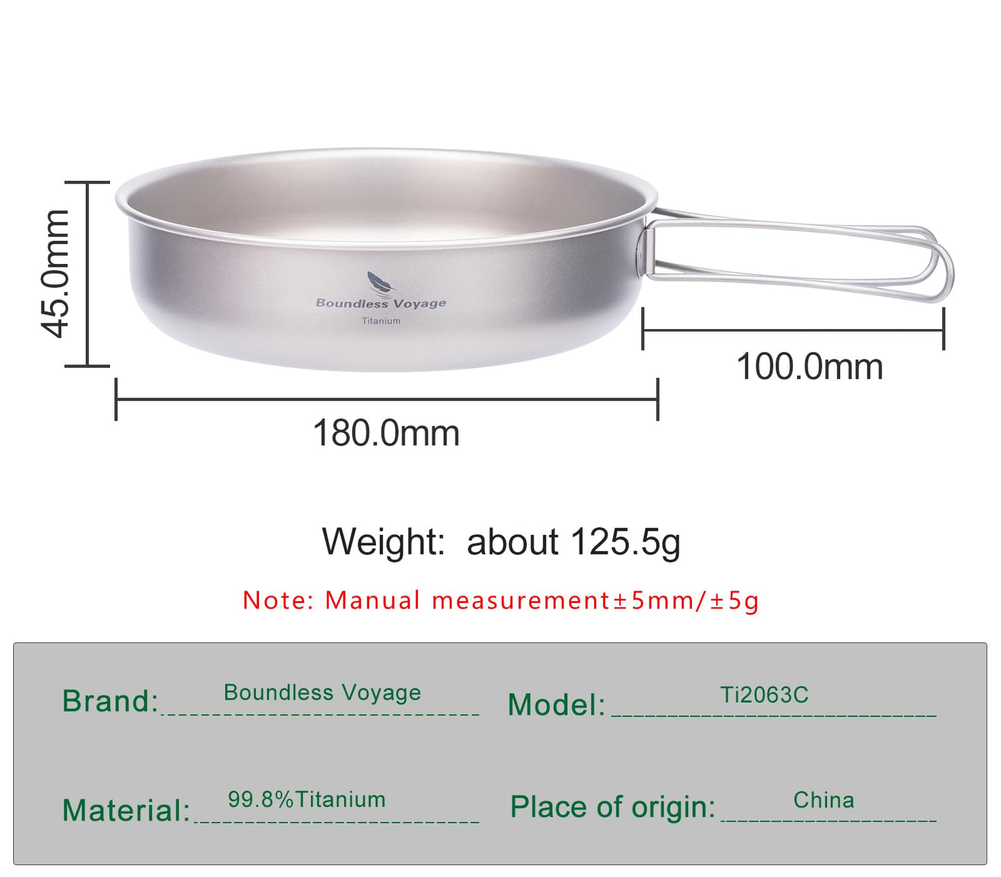 iBasingo 18cm Camping Frying Pan Titanium Skillet Saucepan Outdoor Cookware Lightweight Griddle Portable Plate with Foldable Handle Travel Picnic Hiking Backpacking Cooking Kit for 1 Person Ti2063C