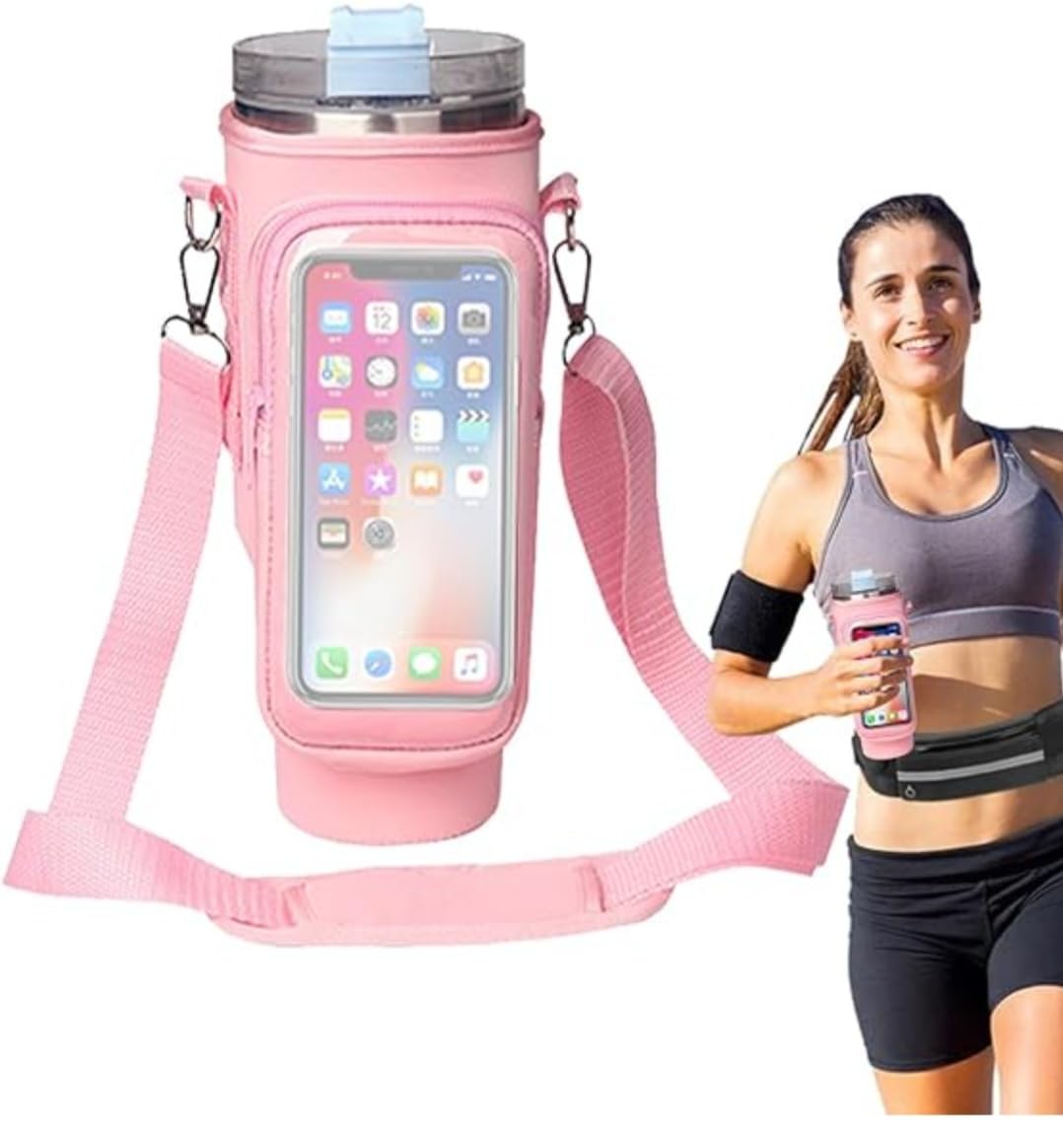 Generic Water Bottle Carrier Bag with Touchable Screen Phone Pocket for Stanley 40oz Tumbler - Neoprene Holder with Adjustable Strap and Straw Cover for Stanley Cup., Pink