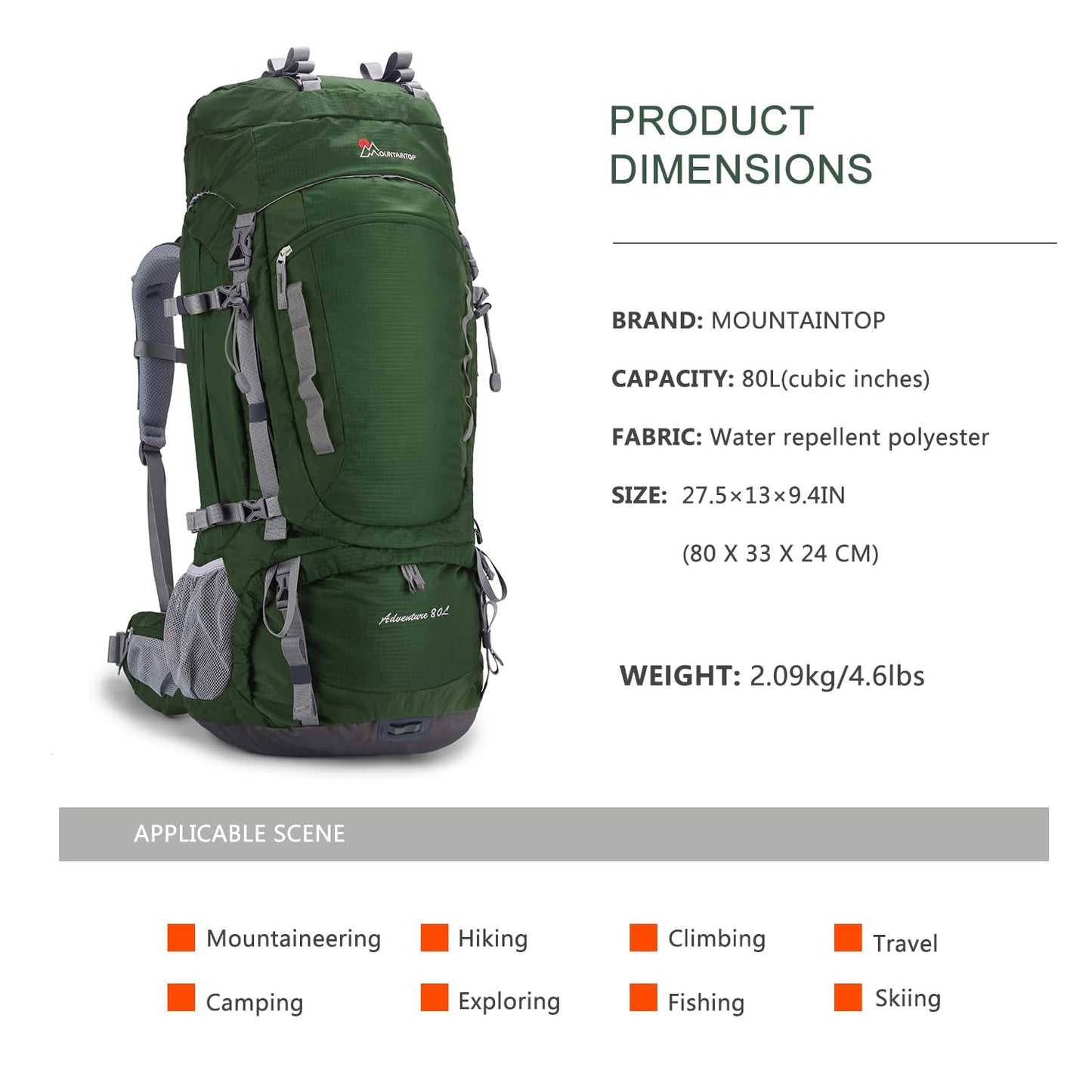 MOUNTAINTOP 80L Internal Frame Backpack for Man & Women Backpacking Hiking Backpack with Rain Cover,Dark Green