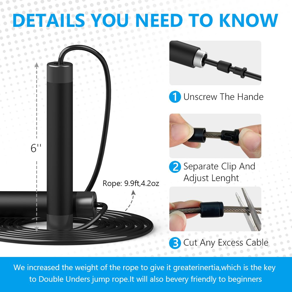 Jump Rope, HANDIO jump ropes 1/2 lb Weighted Jump Rope for Boxing, Cardio, Crossfit Workout, 8~10ft Range Adjustable Length Steel Ropes with Ball Bearings and Metal Handles, Jumpropes Suitable for Men