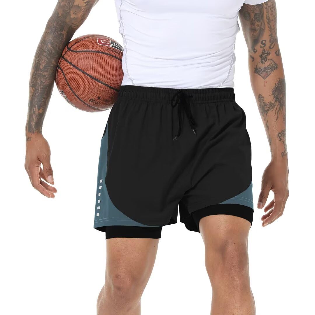 Pdbokew Men's 2 in 1 Running Shorts Lined Workout Shorts Black L