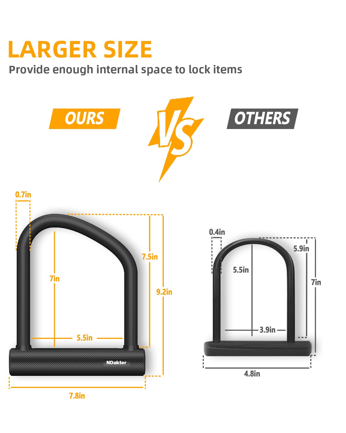 NDakter Bike Locks Heavy Duty Anti Theft, Bicycle U Lock for Ebike, 18mm Shackle, 6FT Steel Security Cable with 3 Keys for Electric Escooter, Motorcycle, Moped, Dirt-Bike, Tri-Bike Wheel Lock Sturdy