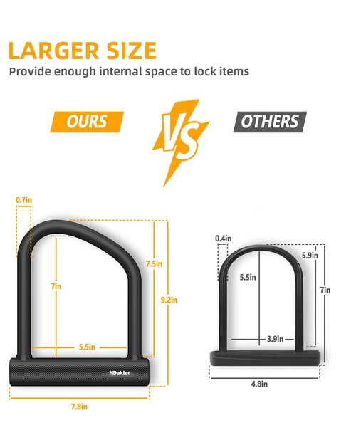 NDakter Bike Locks Heavy Duty Anti Theft 18mm Thick, Motorcycle U Lock with 4FT x 6mm Moped Chain, 3Keys Large U-Shape Electric Bicycle Wheel Lock for Ebike, Escooter, Fat-Tire Dirt-Bike, Tricycle