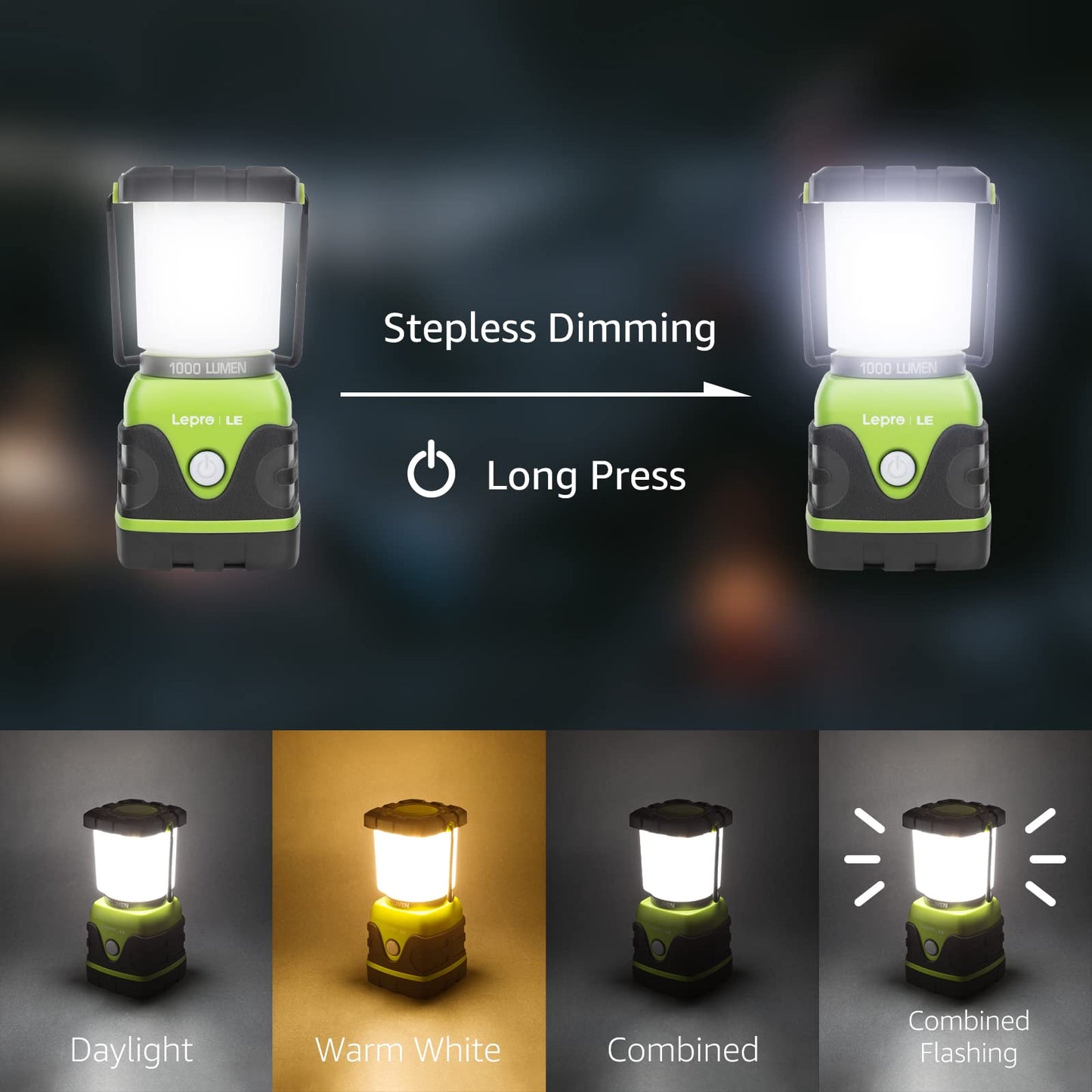 Lepro Bundle - 1000LM Battery Powered LED Camping Lantern, Waterproof Tent Light with 4 Light Modes & PR320019-2 Super Bright Head lamp with Motion Sensor, 230° Wide Beam & Adjustable
