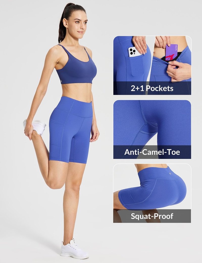 baleaf Biker Shorts Women Yoga Gym Workout Spandex Running Volleyball Tummy Control Compression with Pockets 8" Earth Blue M