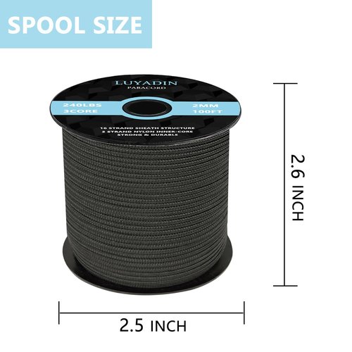 LUYADIN Paracord 240lb - Diameter 2mm Micro Utility Cord -3 Strand Parachute Spool Cord - 100ft 200ft,Paracord for Camping,Hiking,Fishing,Outdoor and DIY