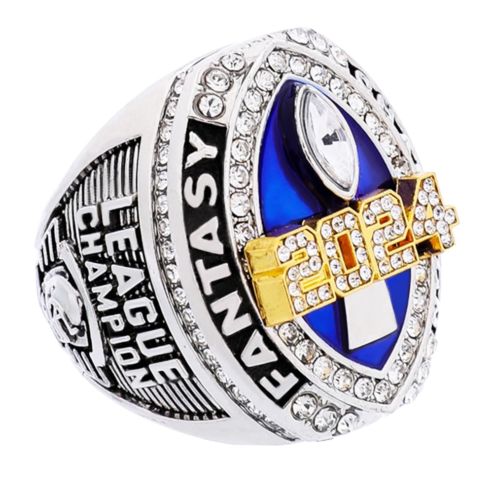 2024 Fantasy Football Championship Ring | Heavy FFL Champion Ring | Gold Silver Tone Plated Award Trophy for Fantasy Football League Winner (Ring and Stand Together, Size 10)