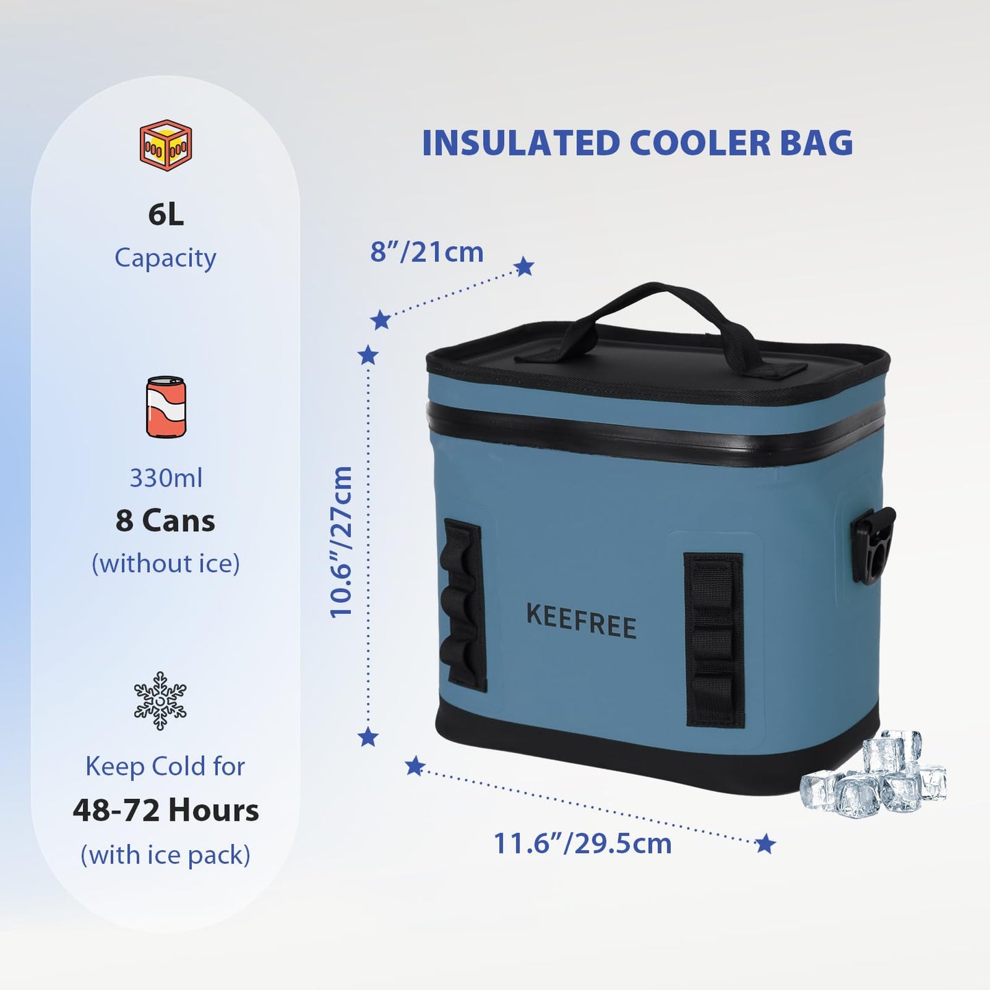 KEEFREE Soft Cooler 8 Cans,Insulated Bag Leakproof with Zipper for Lunch Drink Beverage Picnic Beach Hiking Fishing Camping Travel (Blue)