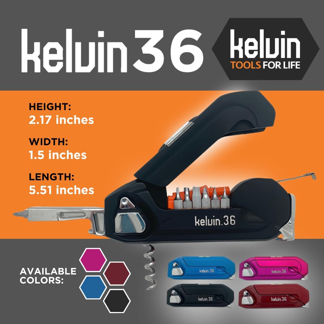 Kelvin Tools K-36 Multi-Tool Set, 36 Integrated Tools, 26 Bit Screwdriver Set, Tape Measure, Corkscrew (Black)