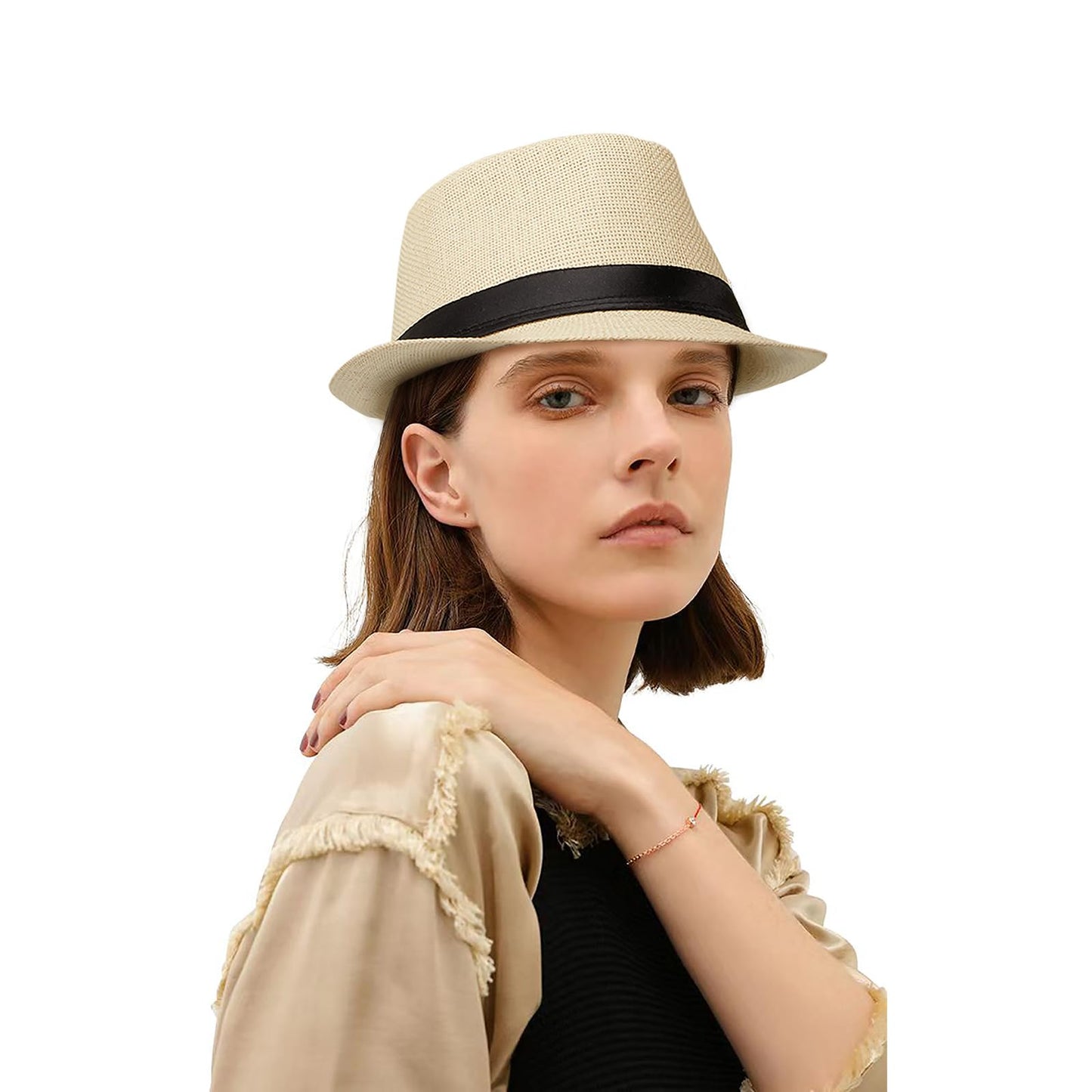 2 Pack Straw Fedora Hats for Men and Women, Short Brim Summer Beach hat, Trilby Panama Sun Hats. (US, Alpha, Medium, Large, Beige/Khaki (Size :M- L))