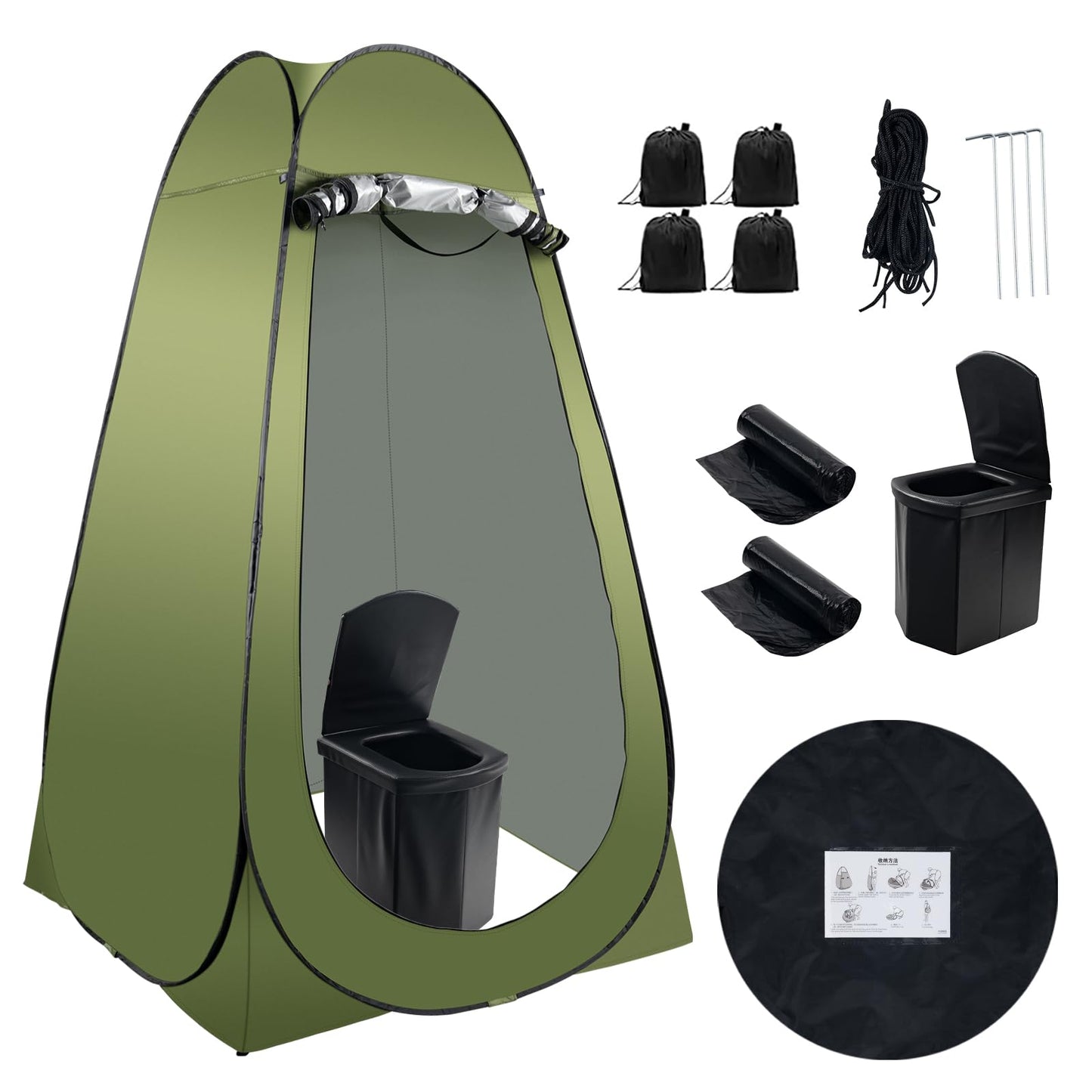 Portable Camping Toilet Kit for Adults, Pop up Privacy Tent, X Large Folding Toilet Potty with Camping Tent, Outdoor Instant Shower Tent Camp Toilet Changing Dressing Room (Green)
