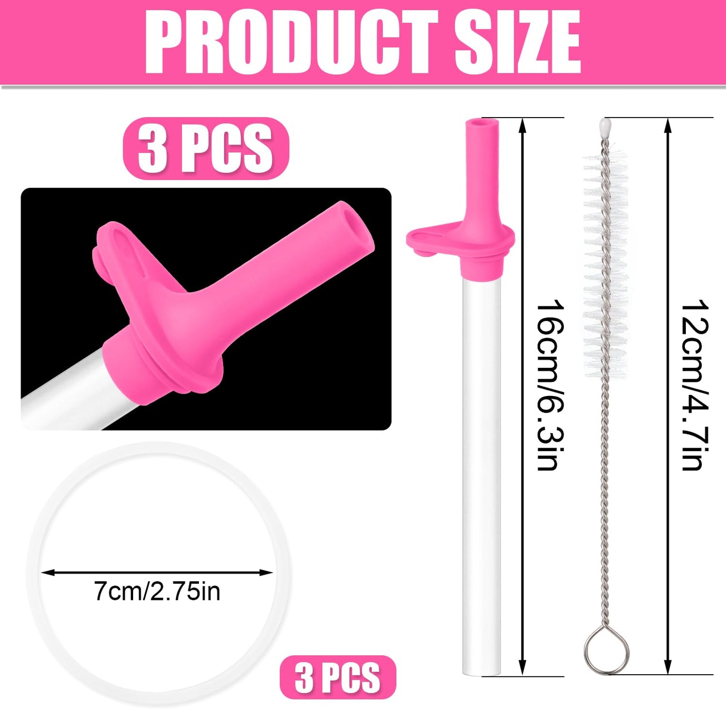 3pcs Replacement Straws with Bite Valve for Zak Designs Kelso Kids 15oz, BPA Free Reliable Straw Cup Accessories with Zak Designs and Reusable Gaskets Brush for Water Bottles (Pink)