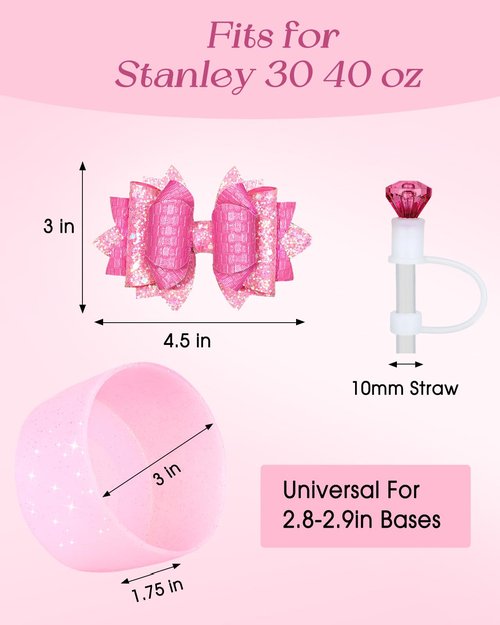 Toykee Cup Boot with Straw Cover for Stanley 40 30 oz - Cute Pink Bow Straw Topper and Diamond Caps with Bottom Protector 3 PCS Sets for Tumbler Accessories