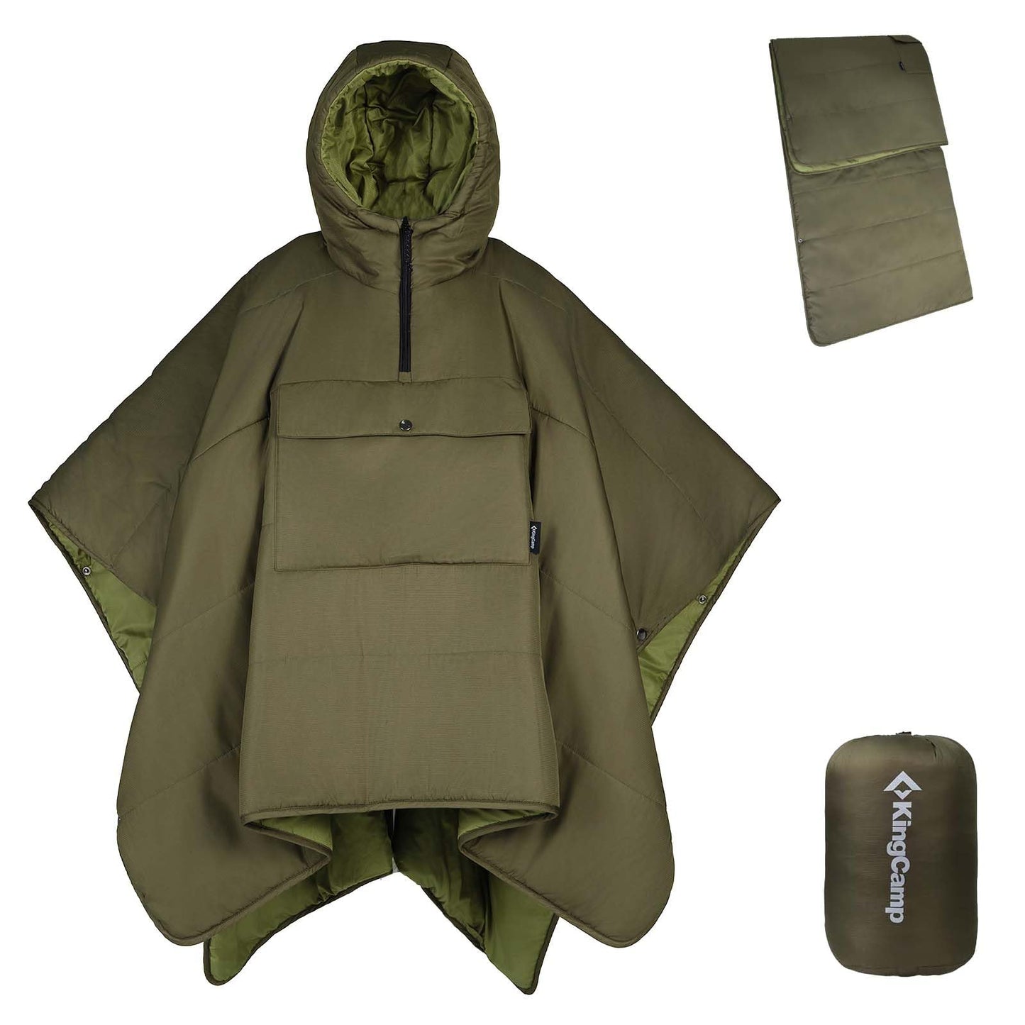 KingCamp Camping Blanket Poncho, Wearable Honcho Hoodie Reversible Cape Windproof Water-Repellent Recycled Poncho with Snap Buttons for Outdoor Camping Hiking Stadium Travel (Green, 66" x 48")