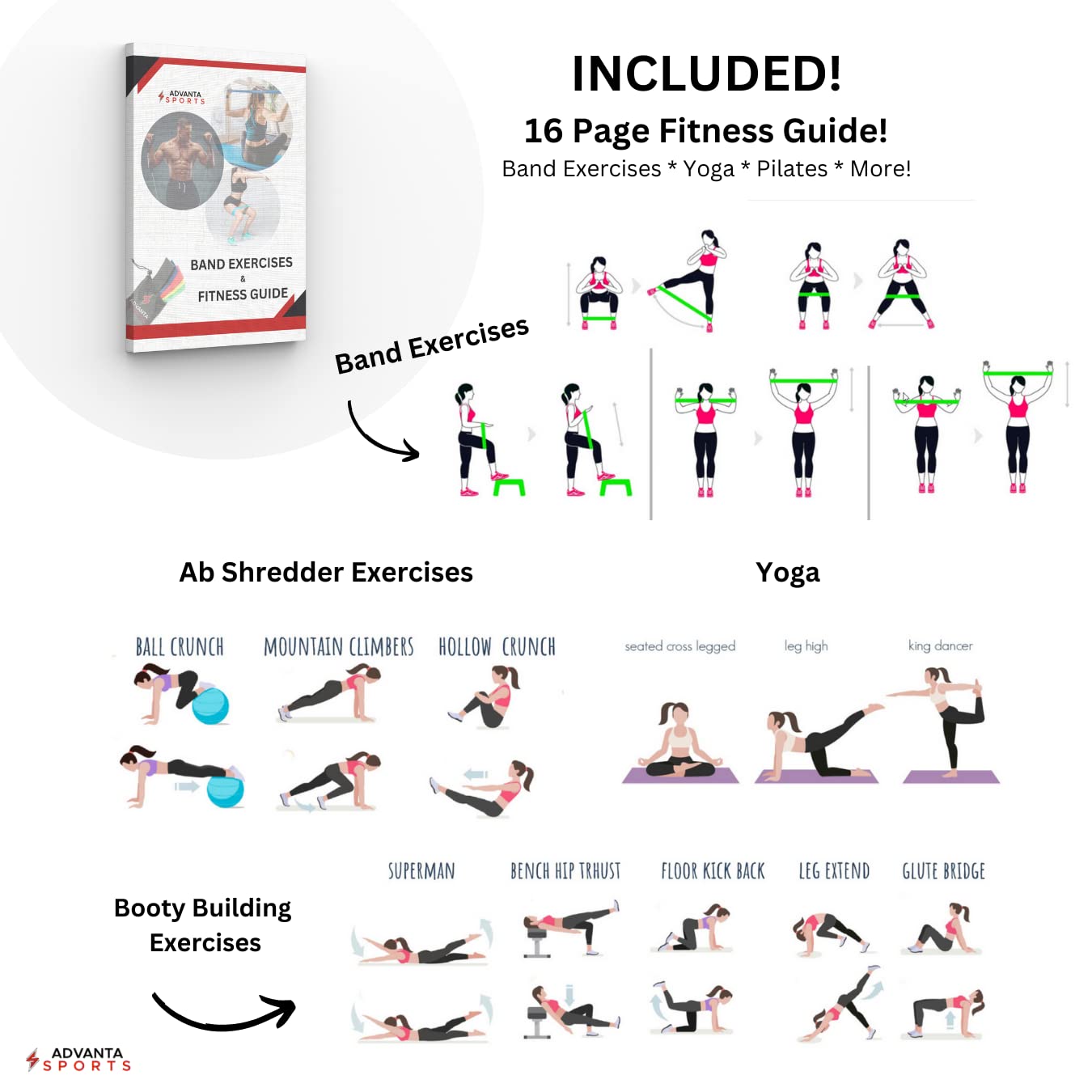 Advanta Sports Resistance Loop Exercise Bands, Set of 5 Colors. Home Fitness, Stretching, Workout –Carry Bag & PDF eGuide