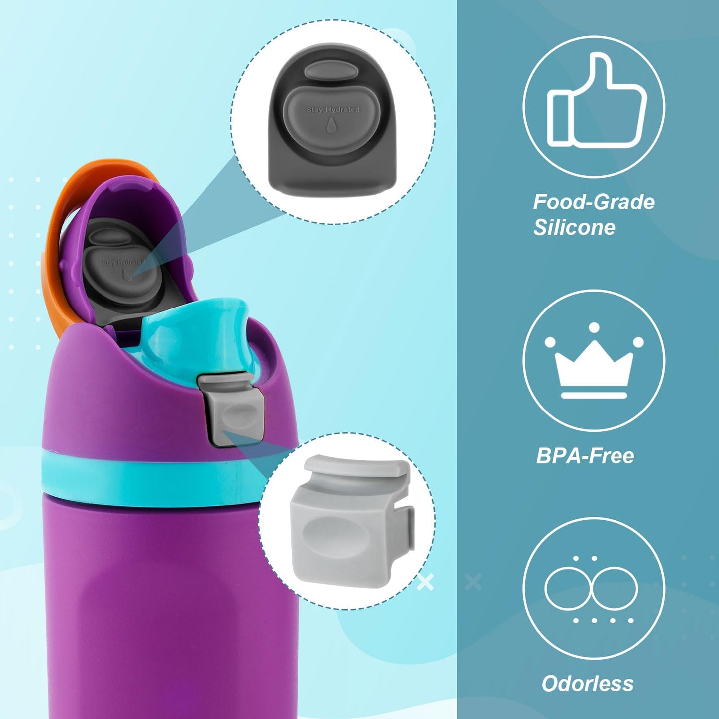 2pcs Bottle Button & Lid Replacement Stopper for Owala FreeSip 24/32oz, BPA-Free Silicone Water Bottle Stopper Push Button Switch Spring Replacement Parts for Owala 16/19/24/32/40oz Bottle Accessories