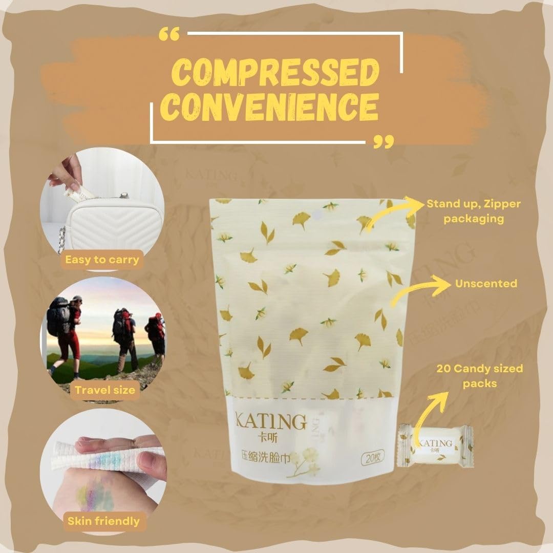 Kating Compressed Magical Towels - Portable Candy-Wrapped Wipes, 100% Biodegradable & Skin-Friendly, Perfect for Travel, Baby Care, Camping, and Everyday Use - (20 Pcs) 1 Pack.