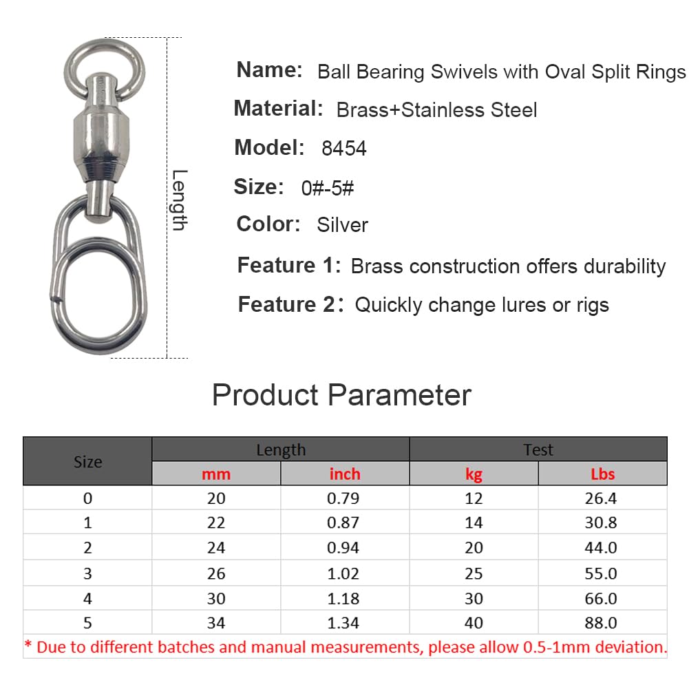 Fishing Ball Bearing Swivel Fishing Split Ring Fast Link Fishing Lures Stainless Steel Solid Welded Rings Barrel Swivels Saltwater (Ball Bearing Swivel with Split Ring (8454), 1#-0.8INCH /26LB)