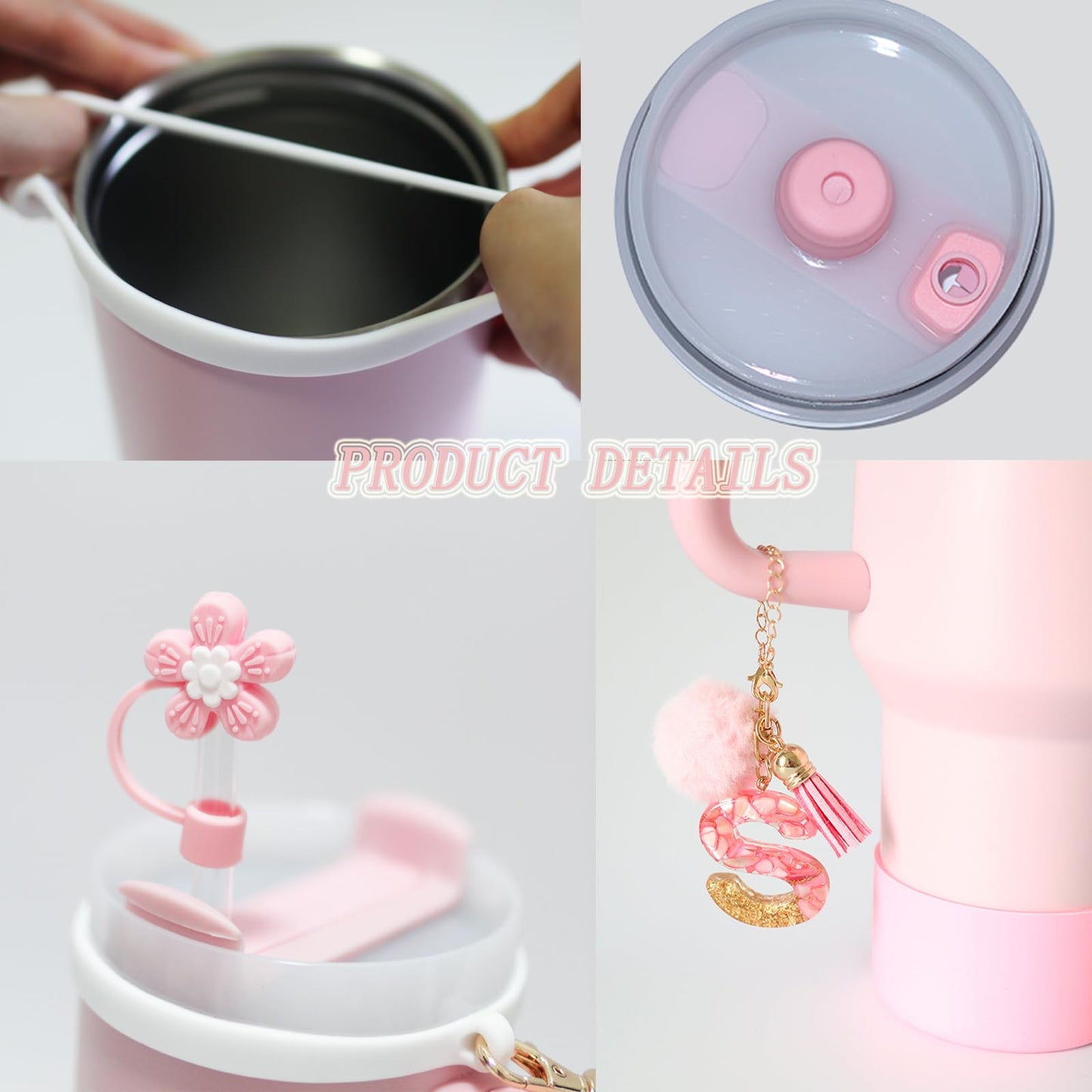 1ze1ziyo 9PCS Cup Accessories Set for Stanley Cup 30oz 40oz Tumbler - Including Water Bottle Handle Strap,Straw Cover Cap,Spill Proof Stoppers,Boot,Initials Letter Charm,Sticker,Flower,Letter S,Pink