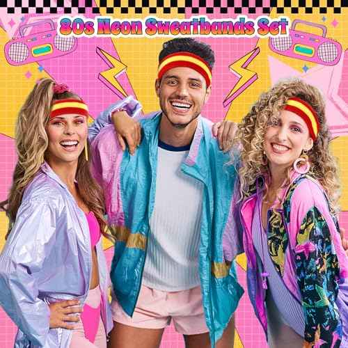3 Pack Neon Sweatbands Set 80s Wristband and Headband Color War Accessories Sports Sweatbands for Party Halloween