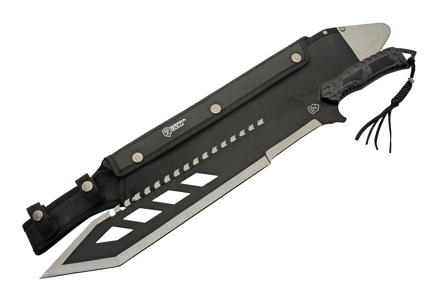 Sierra Zulu Trident Machete - Stainless Steel, 24.0 inches Overall, Modified Tanto Blade with Saw Tooth Back Edge - Tactical Nylon Sheath with Reversible Wear Strap