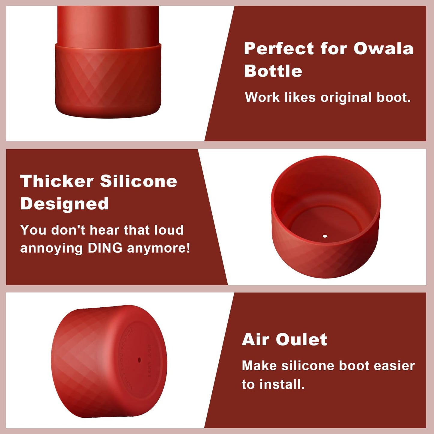 2PCS Silicone Water Bottle Boot for Owala 24oz, Protective Bottom Bumper Anti-Slip Sleeve for FreeSip, Twist, and Flip Stainless Steel Bottles, Dishwasher Safe and BPA Free(Dark Red)