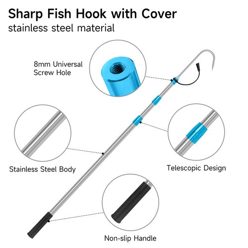 SANLIKE Telescopic Fishing Gaff, 2.87-6.22FT Stainless Steel Retractable Telescopic Pole with Sea Fishing Hook Tackle for Saltwater Offshore Ice Tool