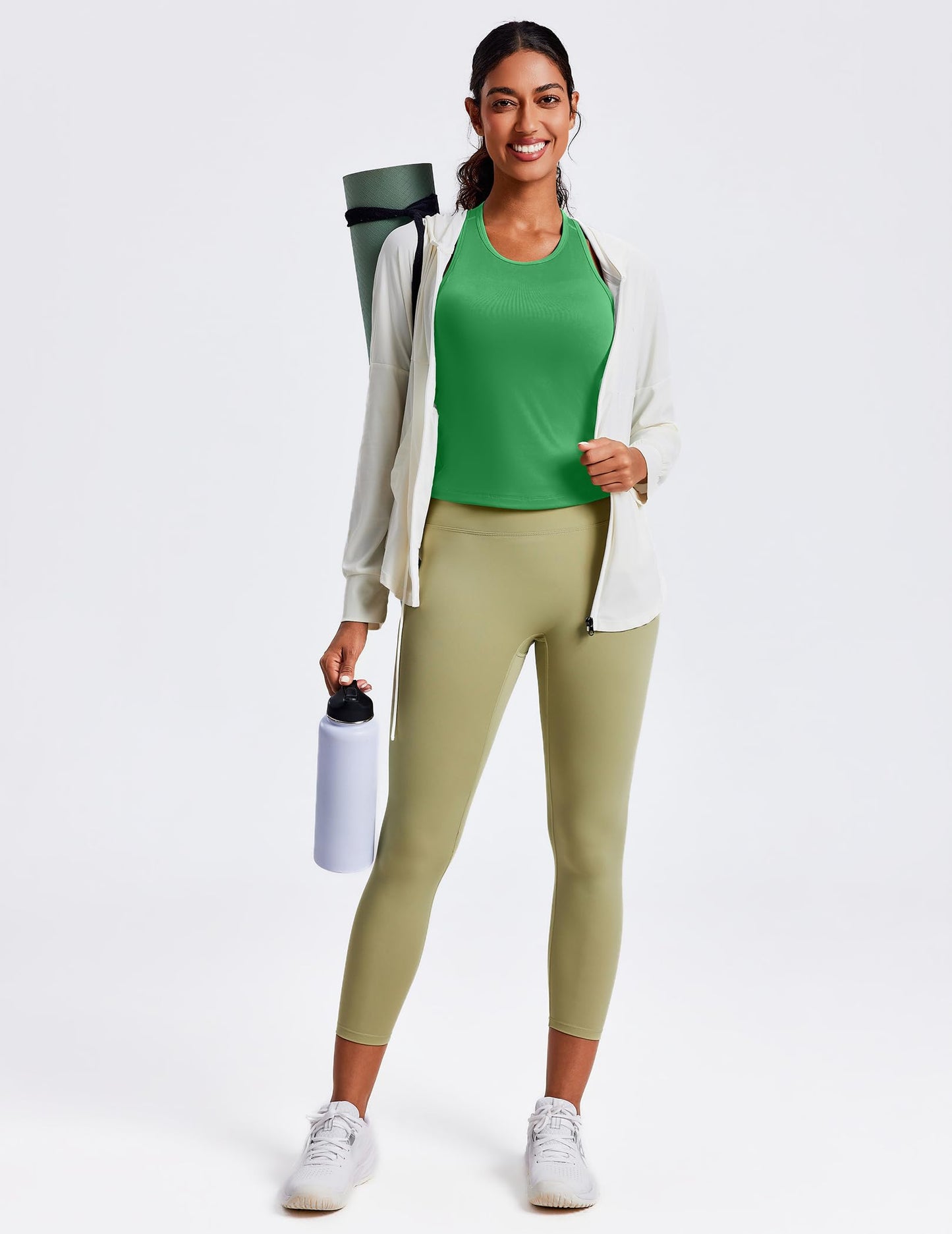 PINSPARK Womens Workout Tank Tops with Built in Bras Crew Neck Running Tank Racerback Moisture Wicking Yoga Top, Green XS