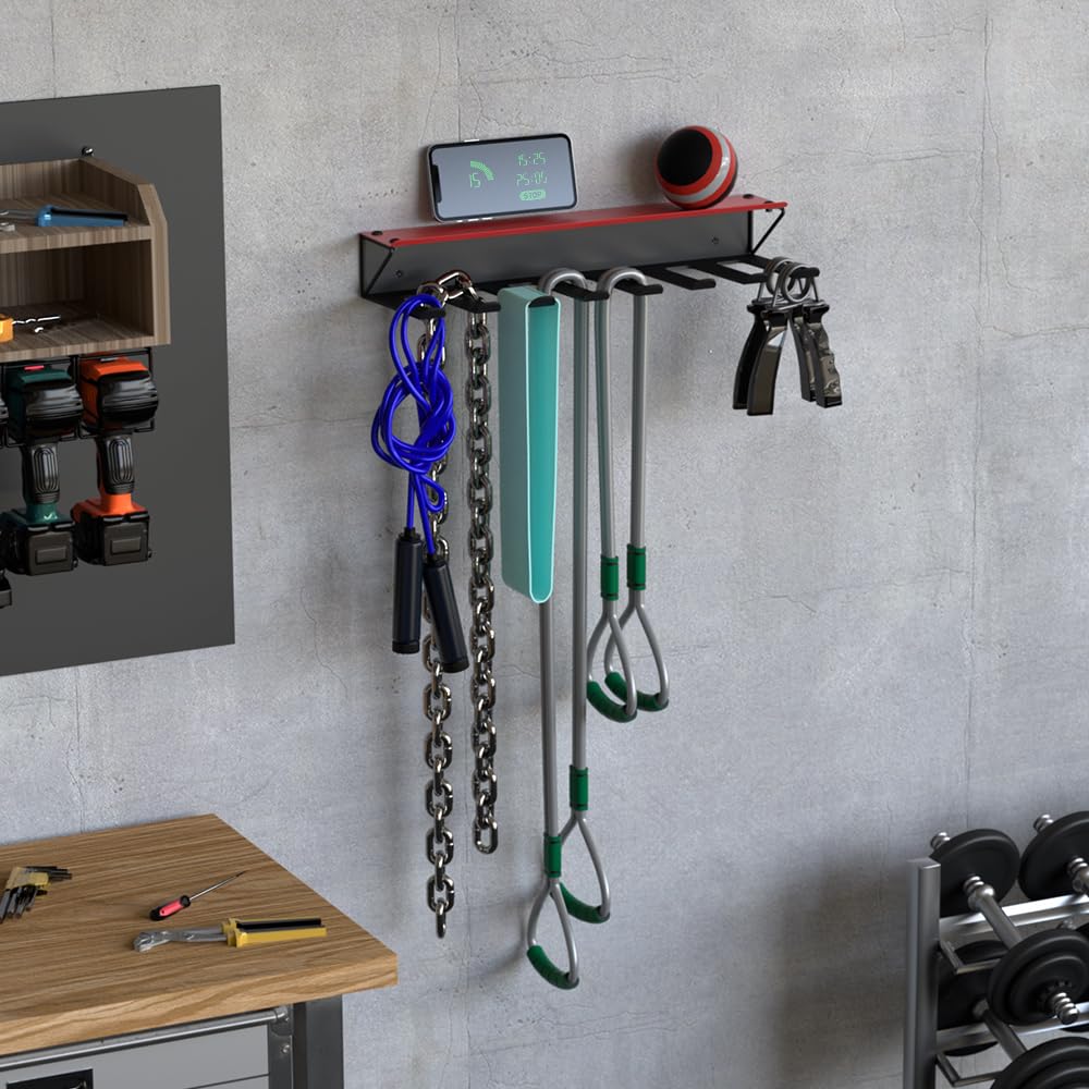 Home Gym Storage Accessory Rack Organizer with Shelf 8 Steel Hooks, Multi-Purpose Workout Gear Equipments, Fitness Resistance Bands, Lifting Belts Wall Rack Holder- MK713B