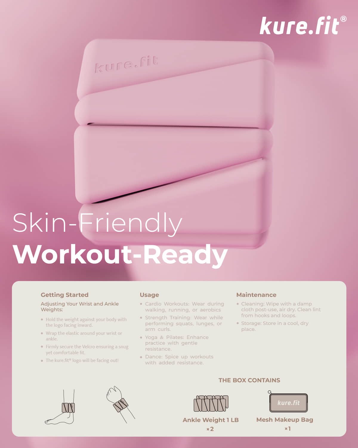 kure.fit Pink Wrist & Ankle Weights + Pink Hand Weight Bars Bundle Set