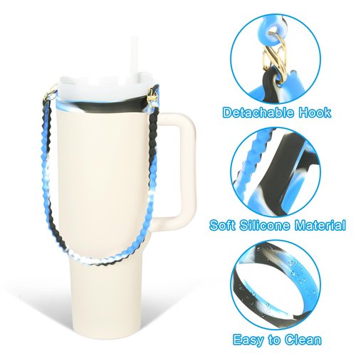 Wellmora Water Bottle Handle,Soft Durable Silicone Water Bottle Sling, Carrier, Holder with Strap for 8-40oz Bottles - Compatible with Stanley Cup Accessories-Blue Black