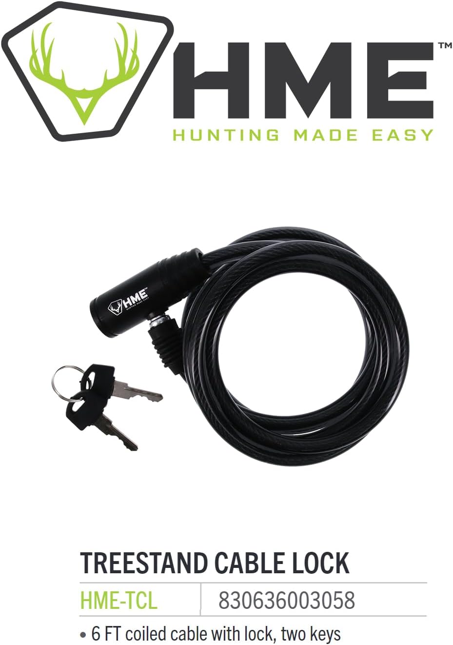 HME Self-Coiling 6-Foot Easy-To-Use Protective Durable Reliable Versatile Hunting Tree Stand Cable Lock - 2 Keys Included
