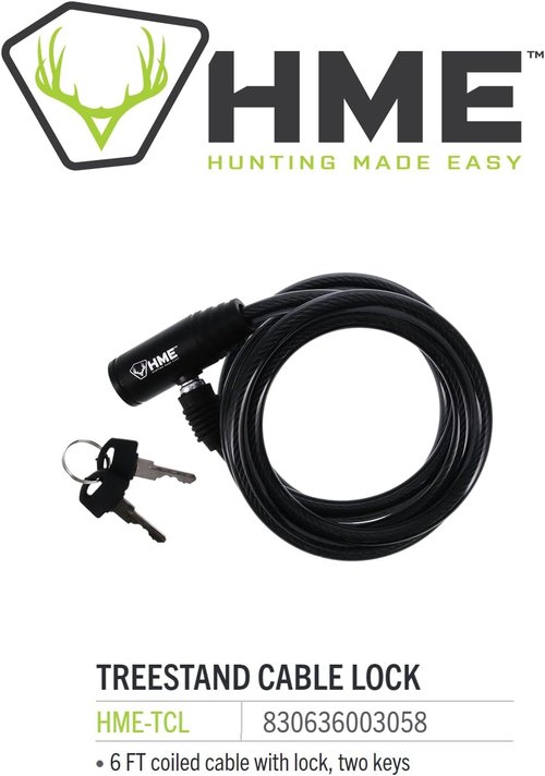 HME Self-Coiling 6-Foot Easy-To-Use Protective Durable Reliable Versatile Hunting Tree Stand Cable Lock - 2 Keys Included