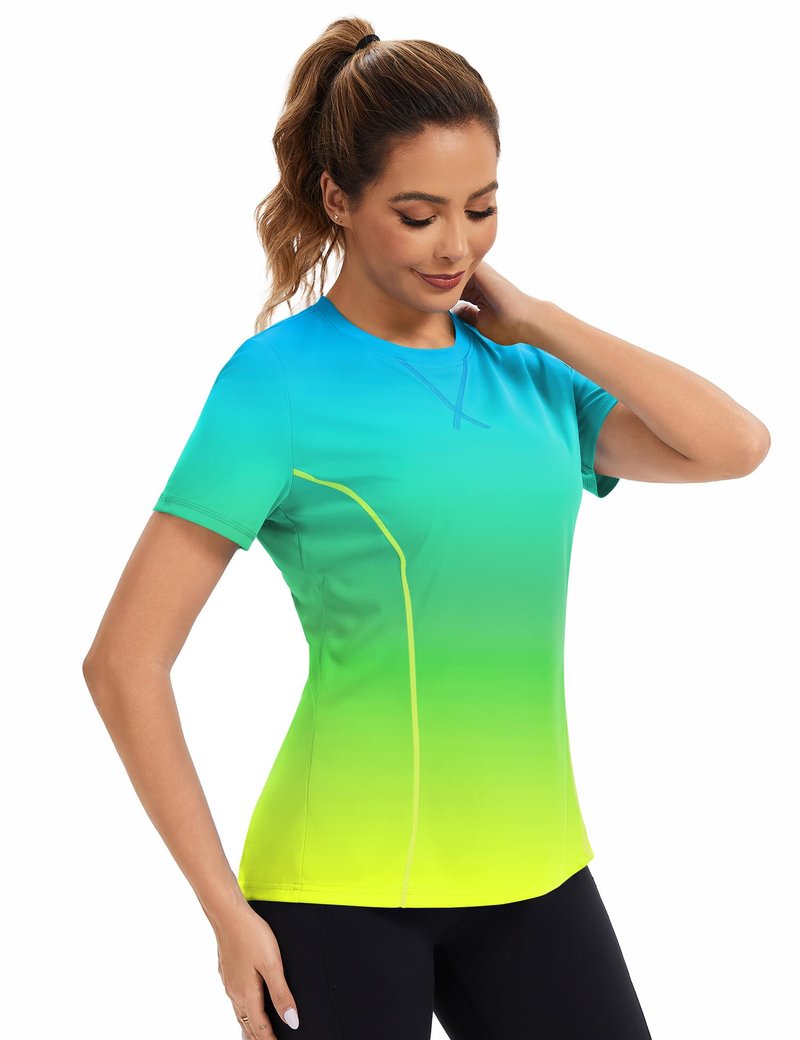 Avoogue Women's Activewear Short Sleeve UV Shirts Moisture Wicking Loose Workout Running Gym Tops Outfits Rashguard(Blue Gradient Yellow,L)