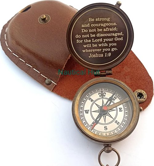 Be Strong and Courageous for The Lord Engraved Brass Antique Compass with Leather Case - Joshua 1:9 Brass Pocket Compass Camping & Hiking Compass for Birthday, Anniversary, Graduation, Baptism (XI)