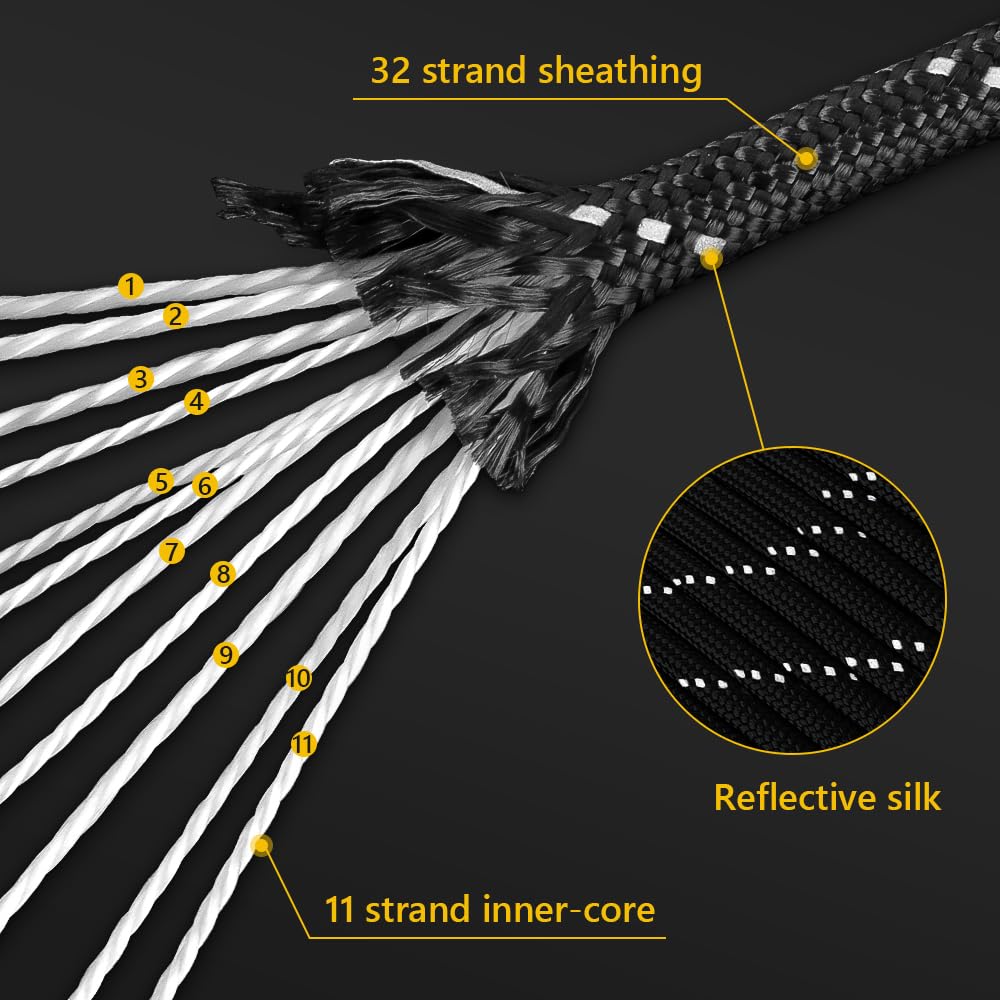 750Ib Reflective Paracord Rope, 1000', 4mm 11 Strand Parachute Spool Cord with Collecting Bag, para Cord Lanyard for Clothsline, Hammock, Camping, Hiking and Survival