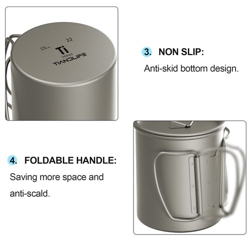 TIANDLIFE Titanium Mug, 750ml / 25 oz Outdoor Camping Coffee Cup with Lid and Foldable Handle, Titanium Pot for Hiking, Travelling, Backpacking, Open Fire