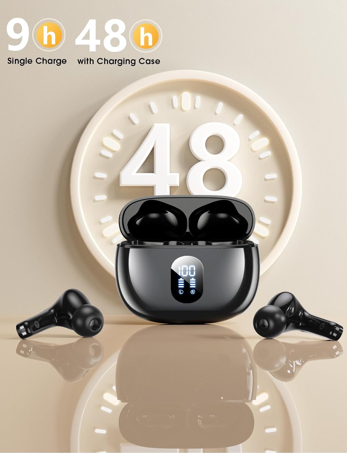 ZZU Wireless Earbuds, Bluetooth Ear Buds with Big Bass Stereo Sound, 48 Hours Playtime, Lightweight in-Ear Fit Earphones, IPX7, Hands-Free Calls with AI for iPhone, Android, Pad, Sports, Workout