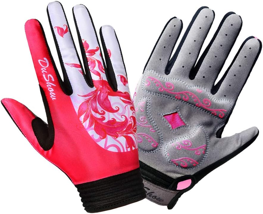 Pink Floral Cycling Gloves for Women | Full Finger Gel Padded Workout Gloves