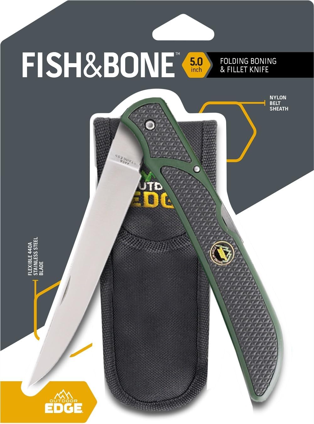OUTDOOR EDGE Fish & Bone - Folding Fillet Knife with 5.0" 440A Stainless Steel Blade for Fish and Processing Big Game - Pocket Clip