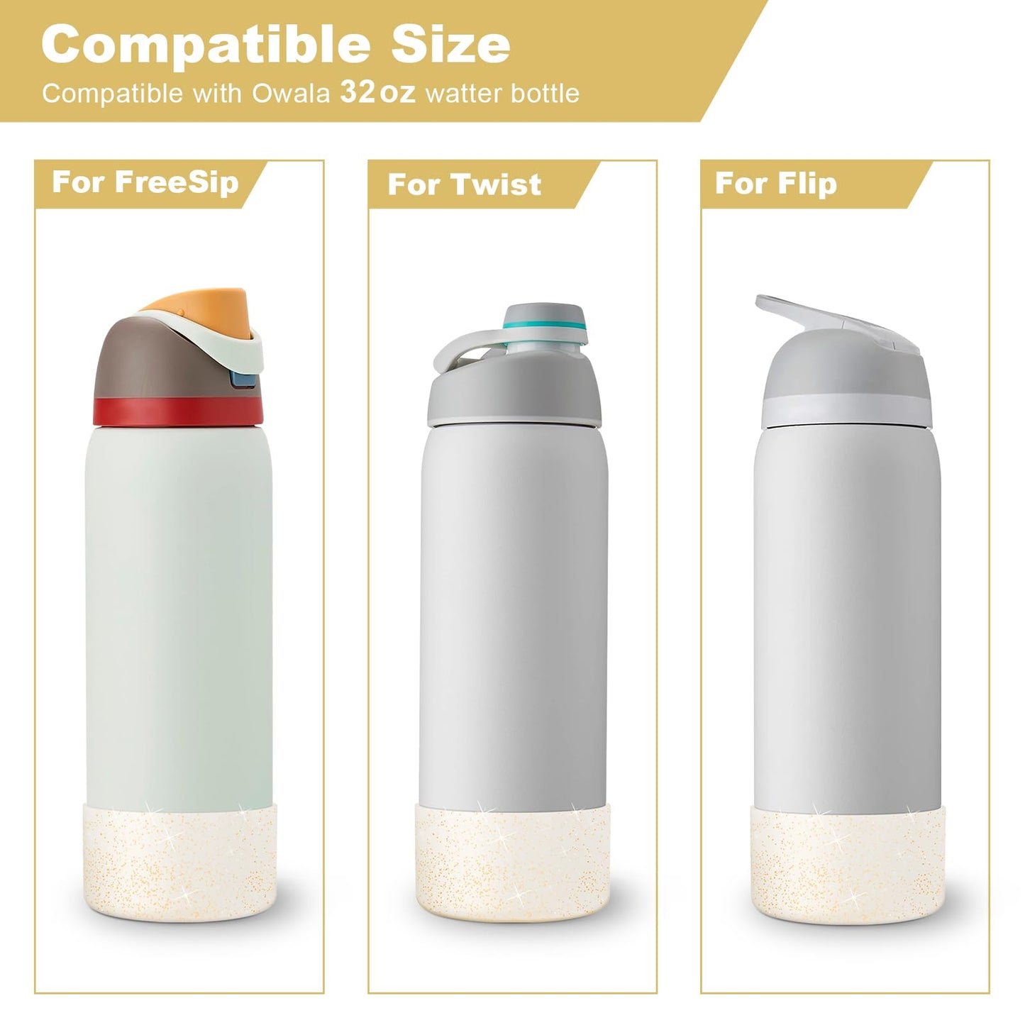 2PCS Glitter Silicone Boot for Owala Water Bottle 24 oz 32 oz 40 oz, Anti-Slip Protective Sleeve for Owala Twist,FreeSip and Flip Stainless Steel Water Bottle, BPA-Free, Dishwasher Safe, Accessories