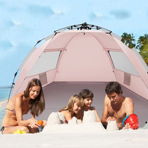 Oileus X-Large 4 Person Beach Tent Sun Shelter Pink and Folding Beach Chair High Back 1 Pcs