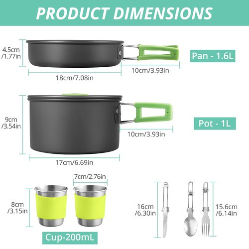 VINTEAM Camping Cookware Set 830g Stainless Steel Pot Pan Set with Folding Handle and Storage Bag for 1-2 Person Outdoor Hiking Camping