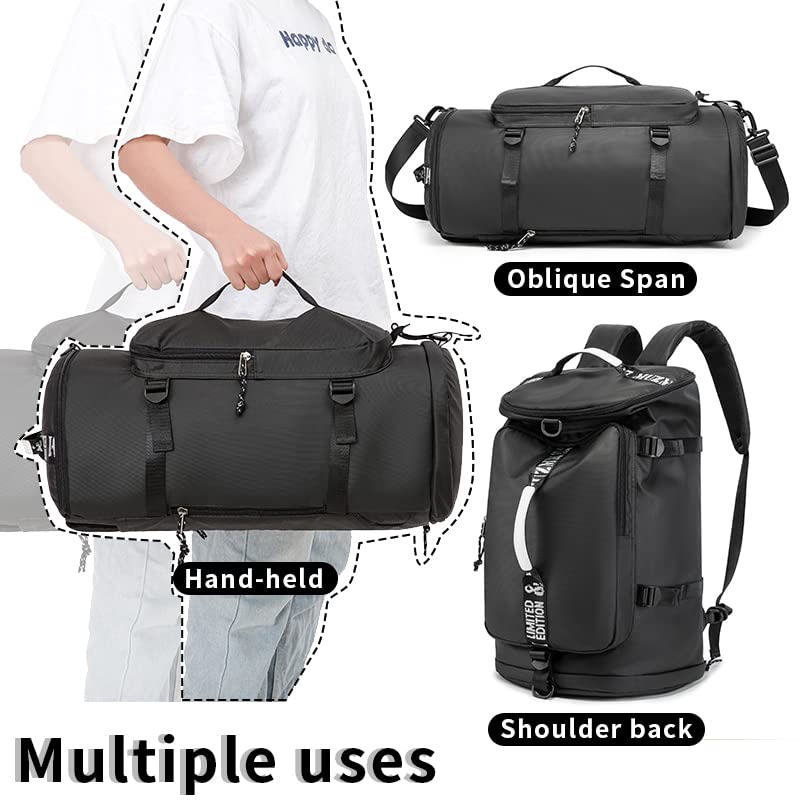 Waterproof Black Gym Duffle Bag with Laptop Compartment - 40L Travel & Sports Backpack - Trendy Lightweight Design for Men & Women (Black)
