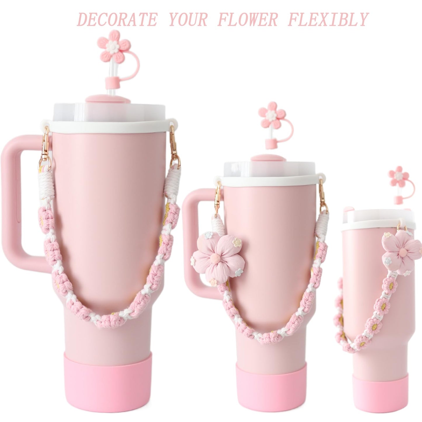 1ze1ziyo 9PCS Cup Accessories Set for Stanley Cup 30oz 40oz Tumbler - Including Water Bottle Handle Strap,Straw Cover Cap,Spill Proof Stoppers,Boot,Initials Letter Charm,Sticker,Flower,Letter S,Pink